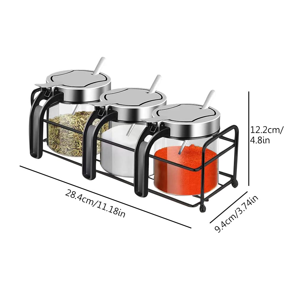 YMYL 3 Pcs Glass Condiment Jars Spice Containers with Stainless Steel Lids, Serving Spoon and Base Rack, 10oz Clear Seasoning Jars Coffee Sugar Pepper Salt Bowls for Kitchen Organization (3 Jars Set)