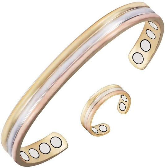 YINOX (CPB-0945SRG CPR-0013) Tri Tone Magnetic Copper Bracelet Ring Set for Arthritis for Women Health Jewelry