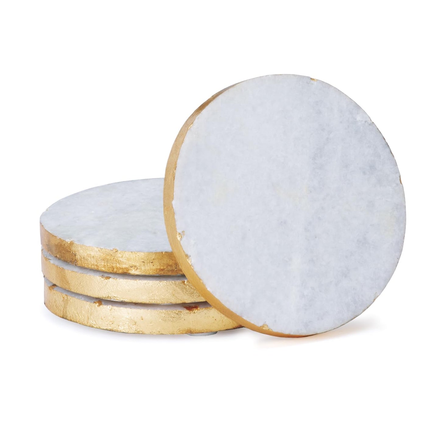 Thirstystone 4 Pack Round Natural White Marble Coasters w/ Gold Edges 4" Diameter Elegant, Luxurious, Stemware Safe