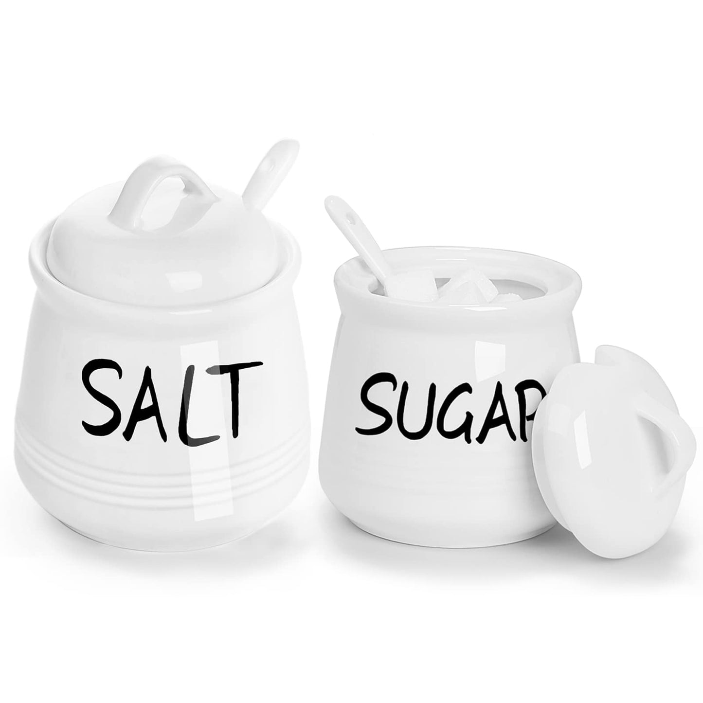 Salt and Sugar Bowls with Lid and Spoon -12 oz Ceramic Salt and Sugar Cellar Set, Salt and Sugar Containers, Spice Box for Counter, Farmhouse Kitchen Decor, White