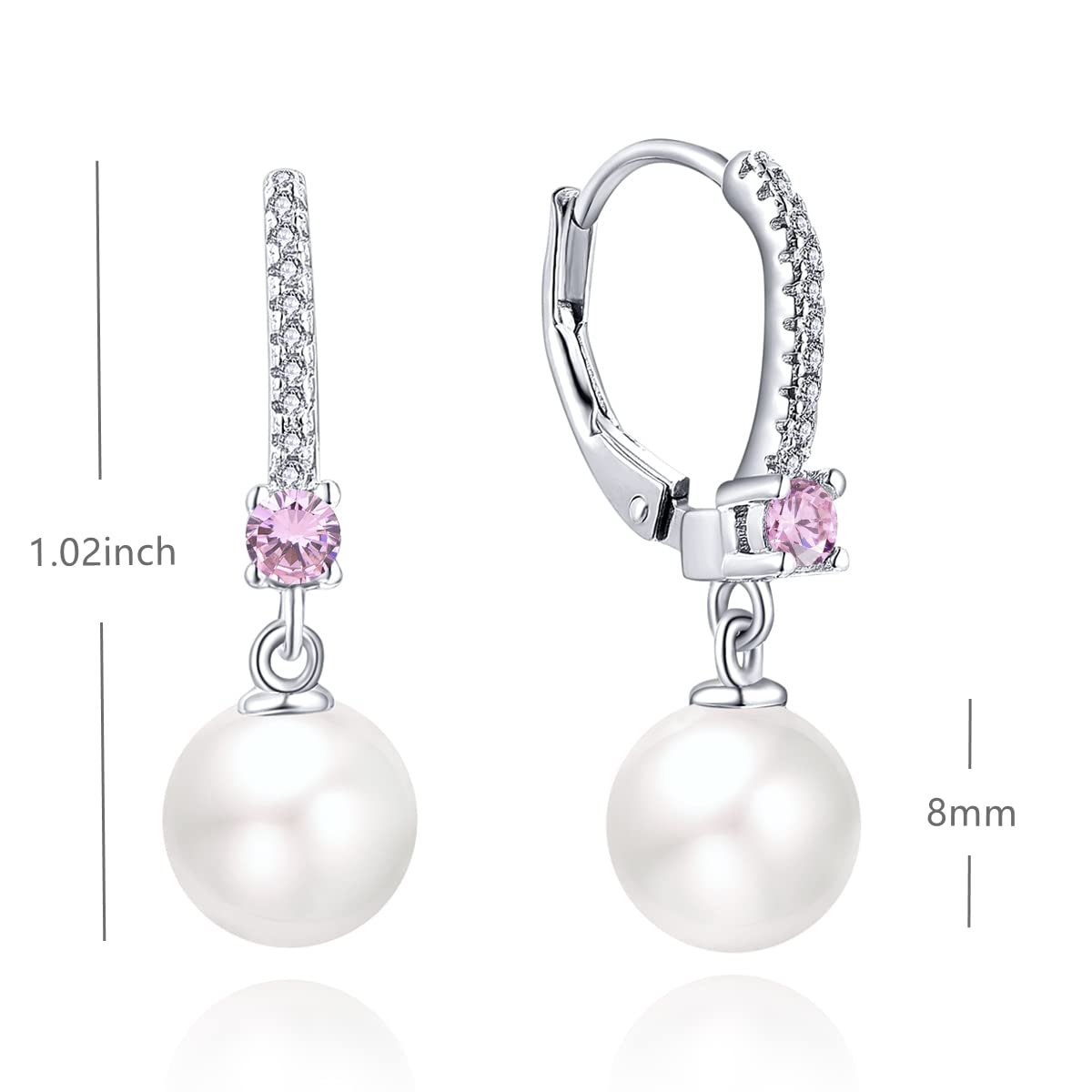 JO WISDOM Pearl Earrings,925 Sterling Silver 8mm Pearl Leverback Drop Earrings with 3A CZ October Birthstone Tourmaline Color,Jewelry for Women
