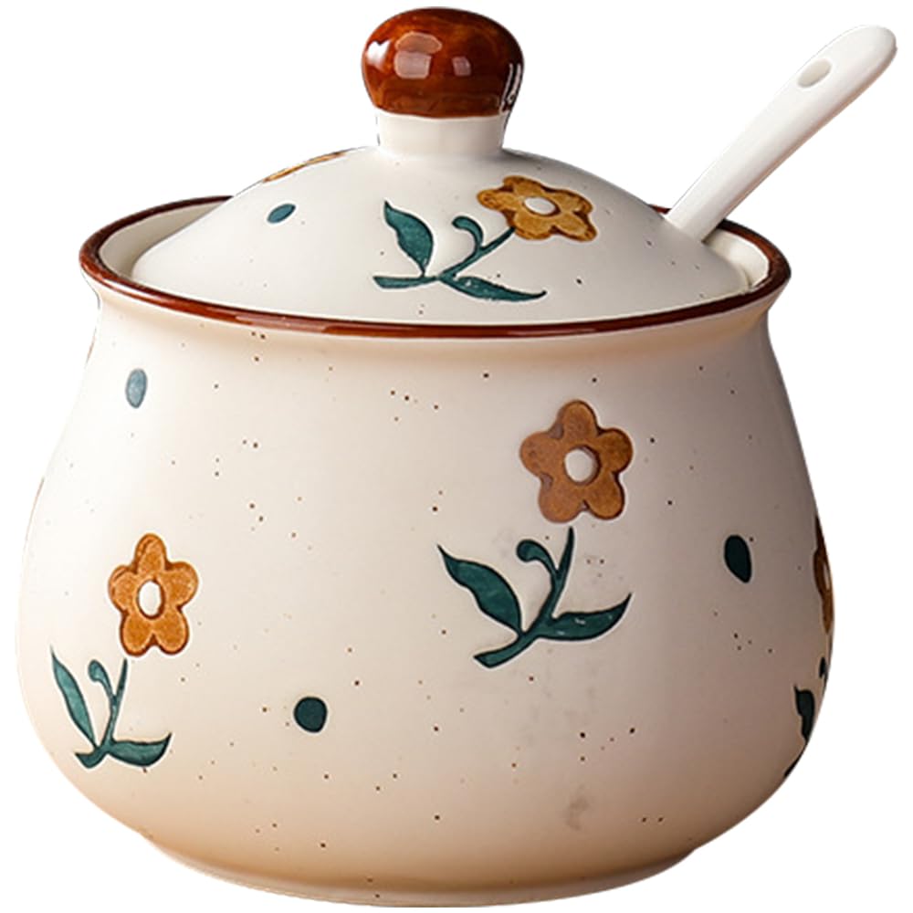 Lifenanny Sugar Bowl with Lid and Spoon, 300ml Floral Ceramic Condiment Jars Pots 10 OZ Spice Container Seasoning Canisters Box for Kitchen Coffee Bar, Yellow Flower