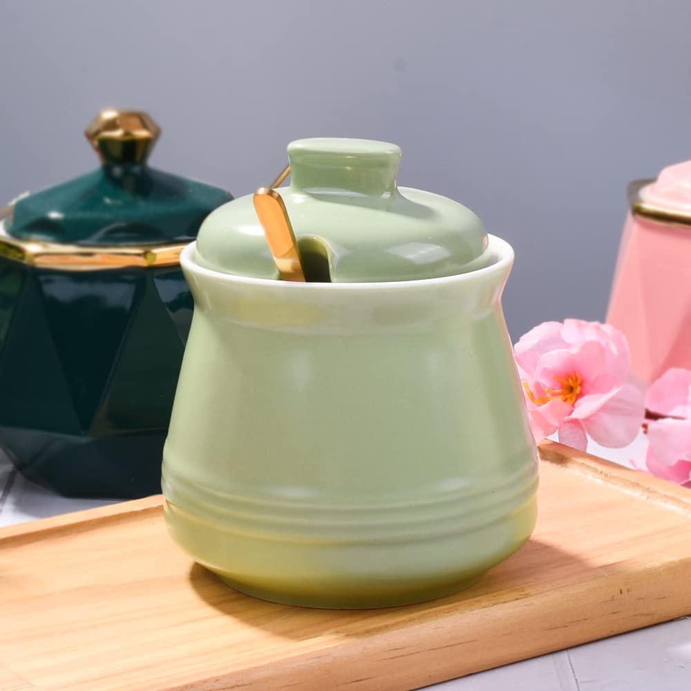Sugar Bowl with Lid and Spoon, Ceramic Sugar Bowl,Multi-Function Sugar Container Spice Container Salt Jar Condiment Bowls Sugar Jar for Kitchen Storage Organization (Green)