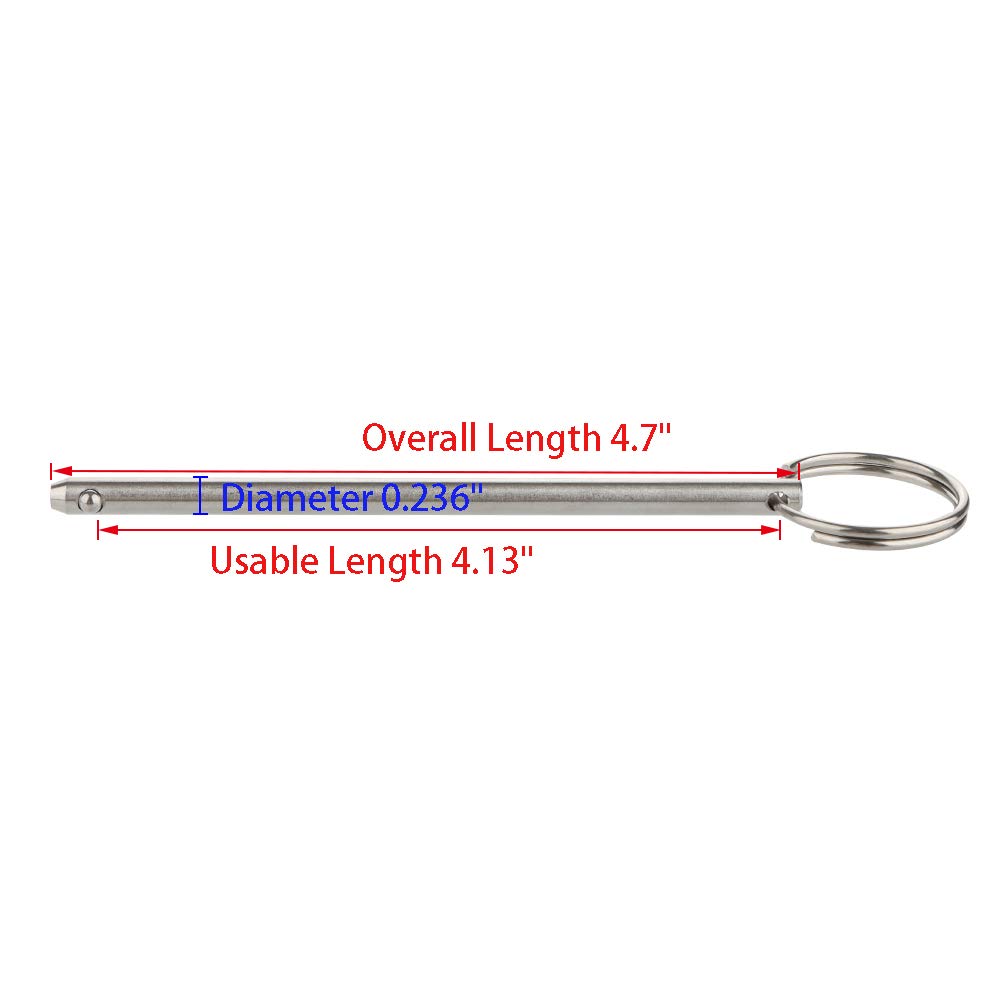 2 Pack Quick Release Pin, Diameter 0.236"(6mm), Overall Length 4.7"(120mm), Usable Length 4.13"(105mm), Full 316 Stainless Steel, Bimini Top Pin, Marine Hardware
