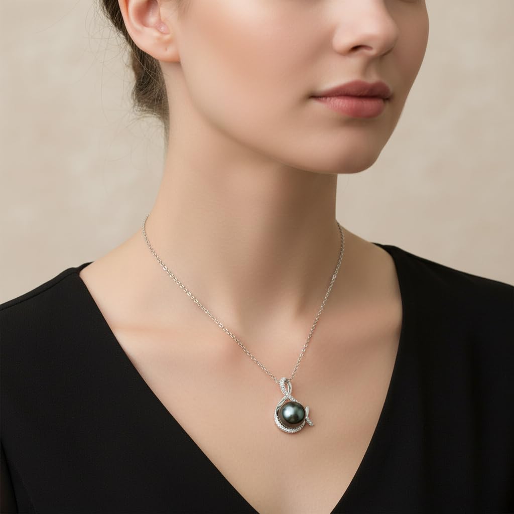 Tahitian Black Pearl Necklace for Women - Gift for Wife, Mom, Grandma, Jewelry Gifts for Wedding Anniversary Birthday Christmas, 10-11mm Seawater Pearl with Sterling Silver Moissanite Infinity Pendant