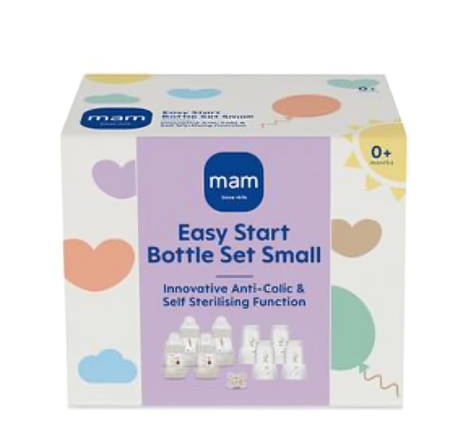 MAM Easy Start Anti-Colic Bottle Starter Set | Includes 4X Feeding Bottles and MAM Original Start 0-2 Month Soother | Self-Sterilising | Baby Gift Set of Newborn Essentials | White (Various Designs)