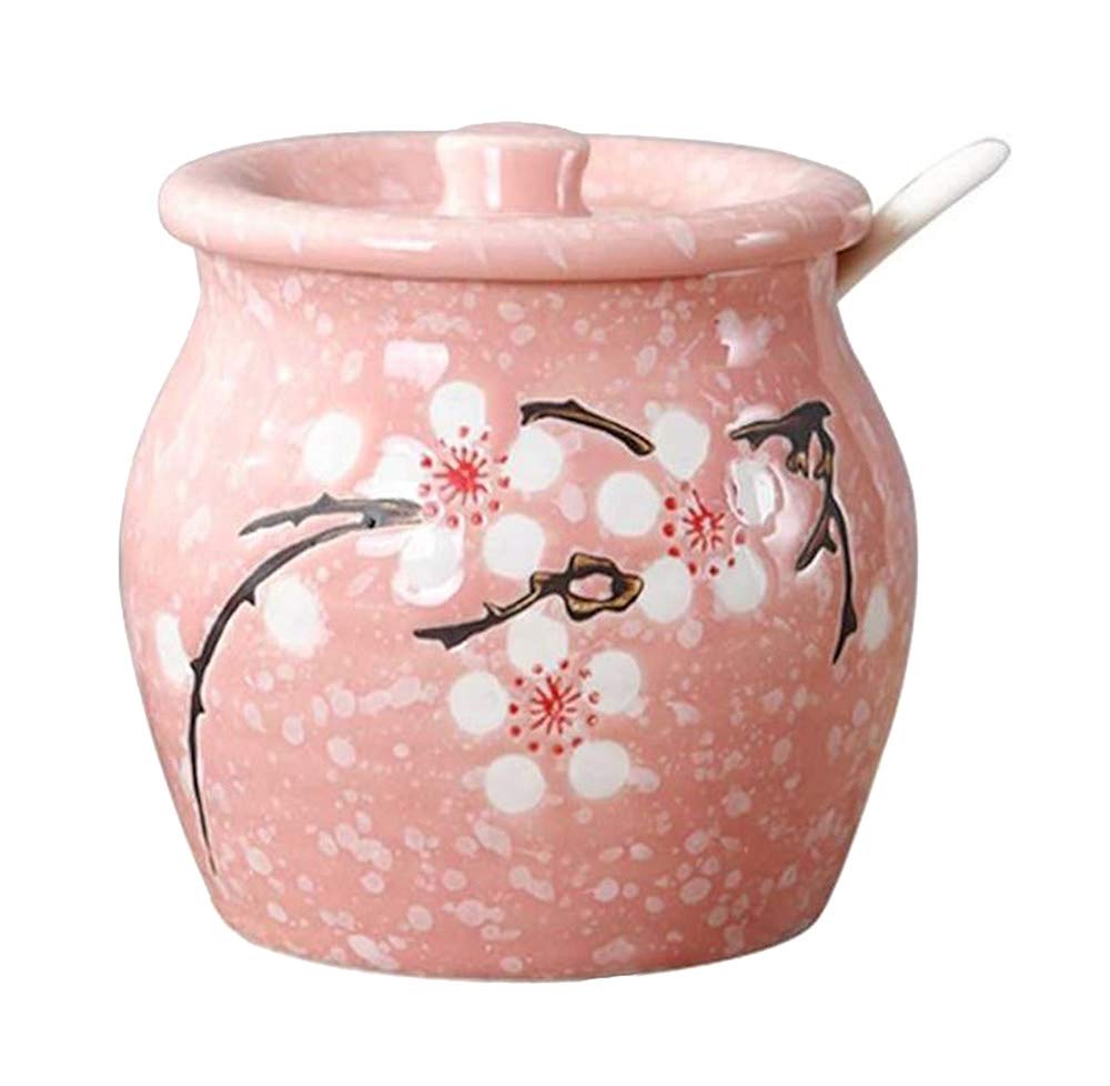 Ceramic Flower Sugar Bowl Seasoning Pot Salt Storage Jar with Lid Spoon