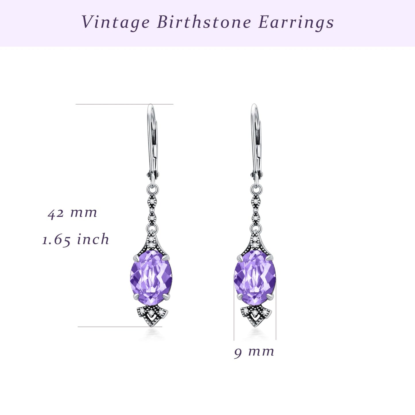 Vintage Violet Purple Earrings 925 Sterling Silver Retro Antique Looking Leverback Dangle Drop Earrings with Oval June Birthstone, Anniversary Jewelry Gifts for Women