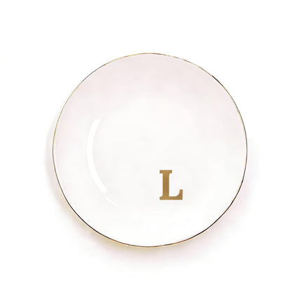 RainVibe Elegant Gift Set for Women – Personalized Monogram Ceramic Mug & Jewelry Tray – 12 oz Gold-Initial Coffee Cup with Gift Box, 4.75" Decorative Dish for Rings, Earrings, Keys (Letter L)