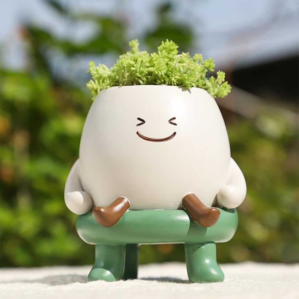 WLLYXUS Smiley Face Planter Pot, Cute Plant Pots for Indoor Outdoor,Chair Plant Pot for Succulents Plants Live with Drainage Hole (Green)