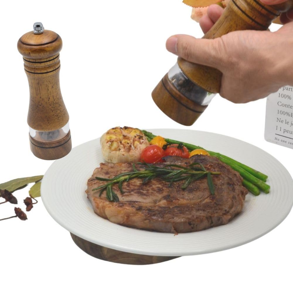 MASALACO Classic Salt and Pepper Grinder Set,Refillable Salt and Pepper Mills,Manual Oak Wood Salt Grinder,Pepper Grinder,Visible Adjustable Ceramic Grinding Rotor,2 Packs Set,6.5 Inch Each