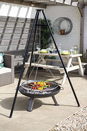 La Hacienda Tripod with BBQ Cooking Grill - Adjustable Height - Portable - Camping, Black