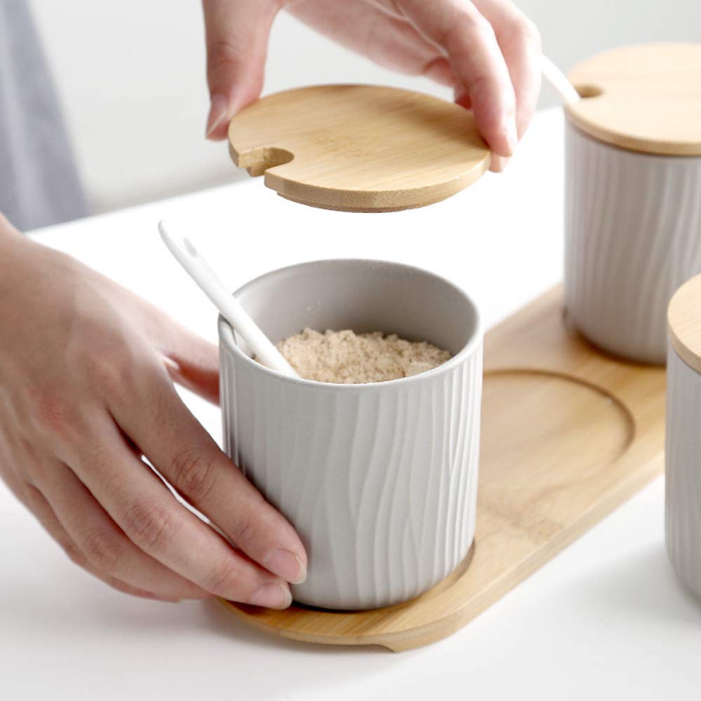 OnePine Set of 2 Ceramic Sugar Bowl 300ml Ceramic Spice Jar Condiment Pots with Bamboo Lid and Ceramic Spoon for Home and Kitchen, Height 3.93 inch,White and Gray