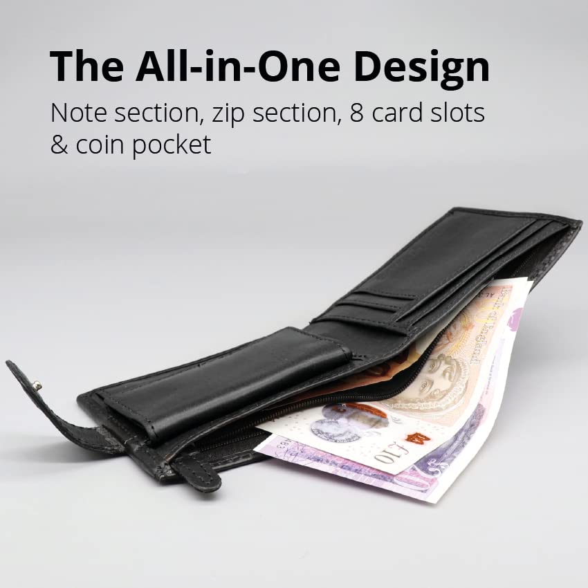 PELLE TORO All-in-One Handmade Mens Wallet with RFID Blocking, Coin Pocket, Fine Leather Card Wallet for Men with 8 Slots and Zip Section, in Wooden Gift Box, Black