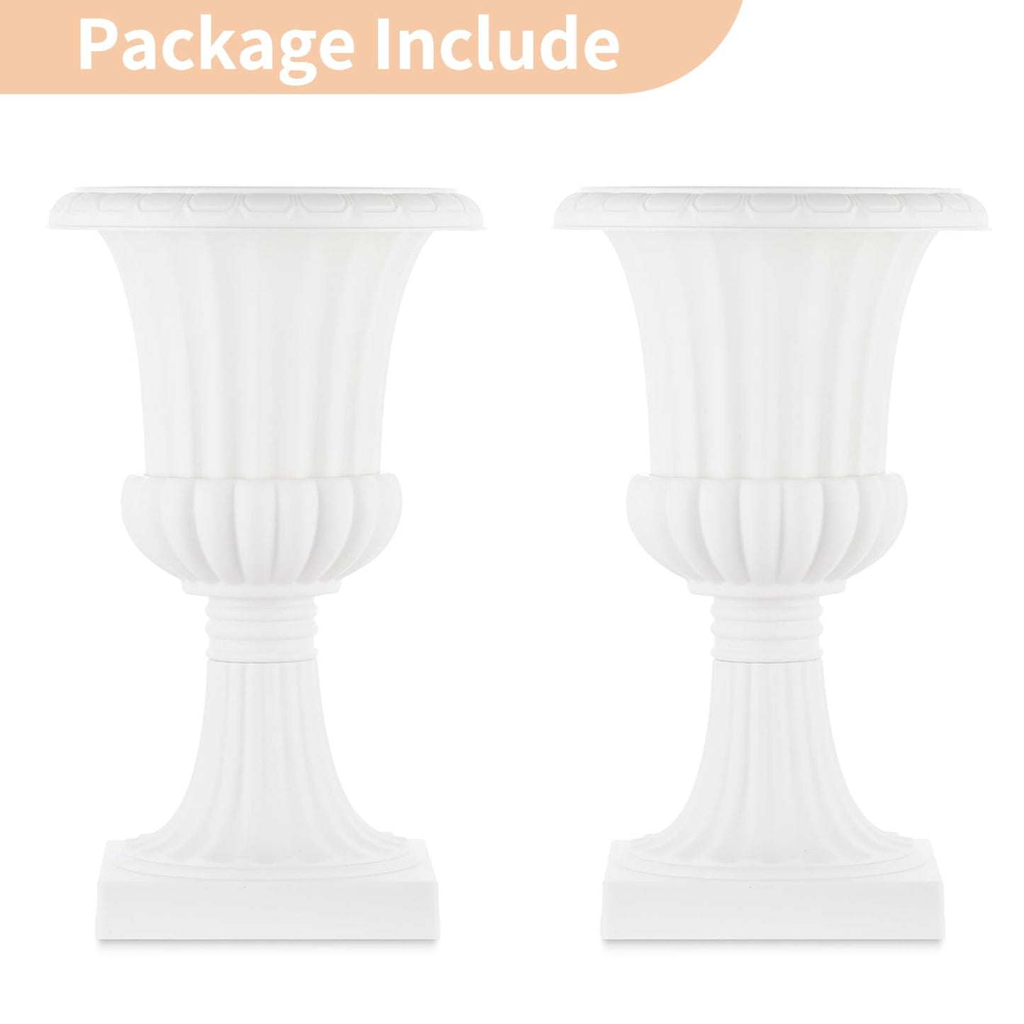 NUPTIO 2 Pcs Classic Urn Planter, 19.7 inch Tall Large Plastic Outdoor Urns Planters, Pedestal Flower vases Plant Pot, Resin Grecian Plants pots for Garden Porch Front Door, White