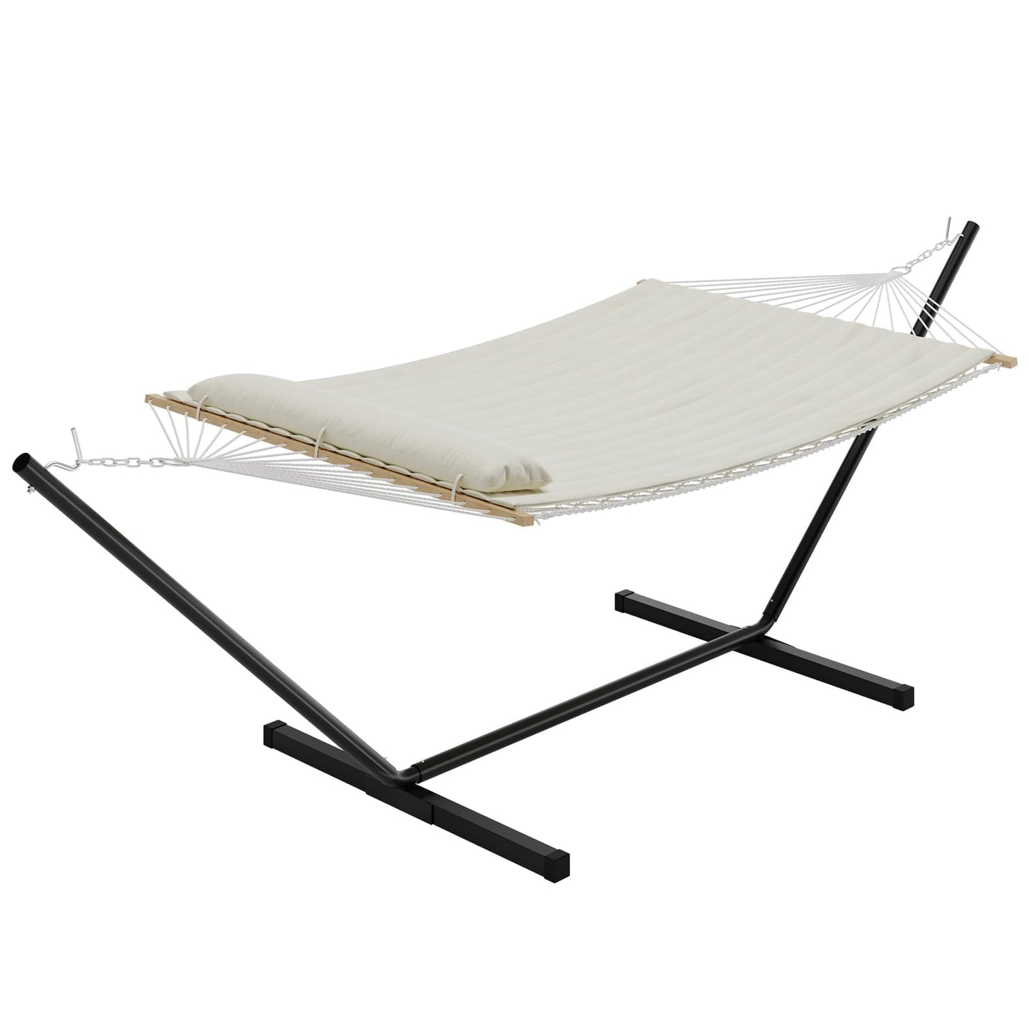 Double Hammock with Stand for 2, Heavy Duty 350 Lb Capacity Portable Rope Hammock for Indoor & Outdoor Use, Includes Padded Mat and Pillow, Tool-Free Easy Assembly, Beige
