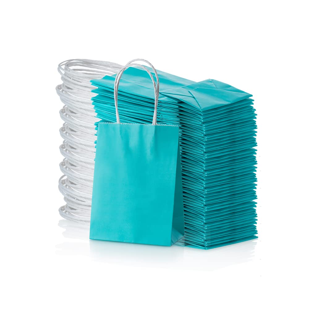 AWELL Mini Size Turquoise Blue Paper Bag with Handle Bulk Party Favor Bag 6x4.5x2.5 inch for Graduation Baby Shower Birthday Christmas Recycled Bag, 50 Counts