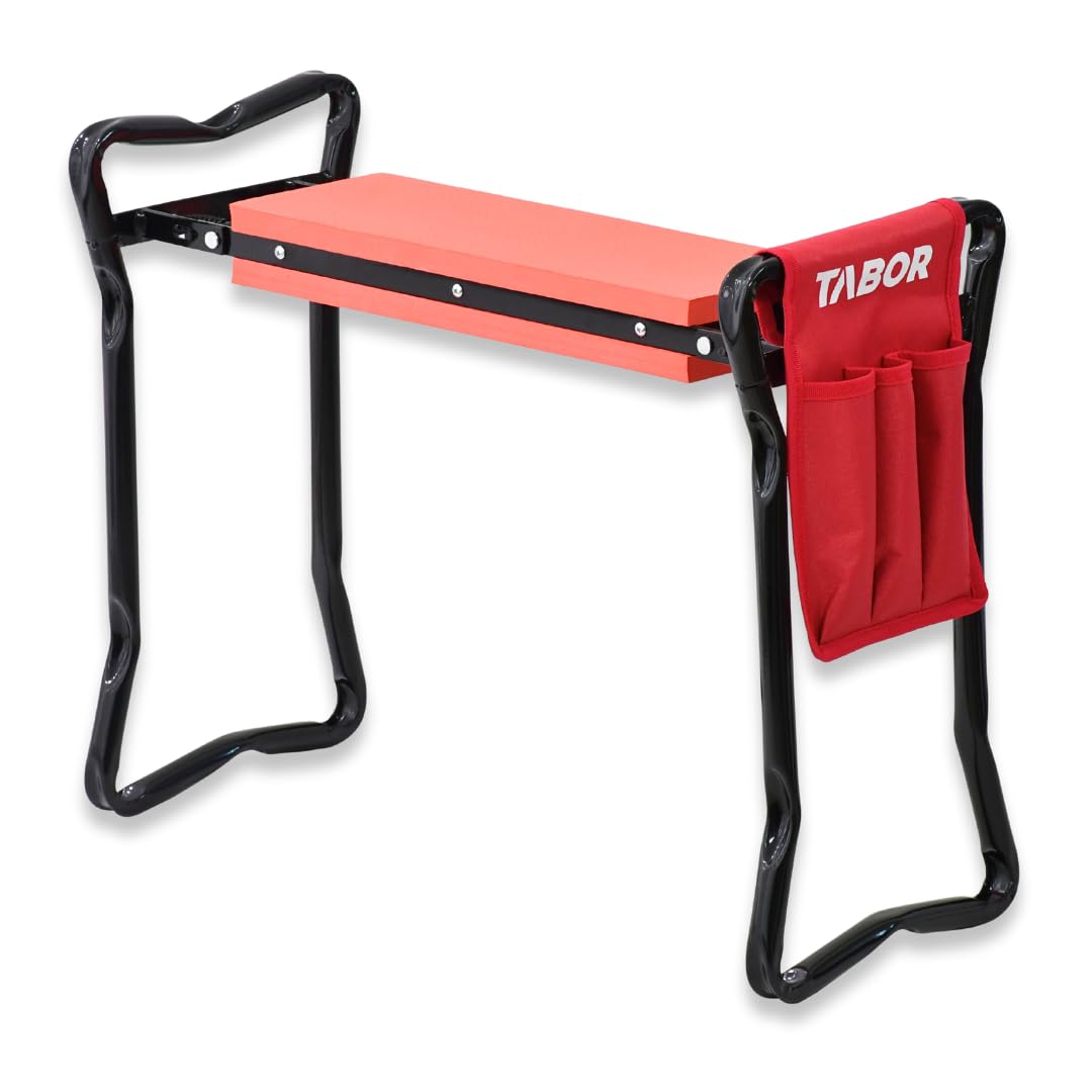 TABOR TOOLS TR2A Garden Kneeler and Seat Bench with Tool Bag Pouch and Foam Pad Cushion, Workseat with Kneeling Bench Option, Light Weight Foldable Stool, Portable Outdoor Kneeler for Gardening.