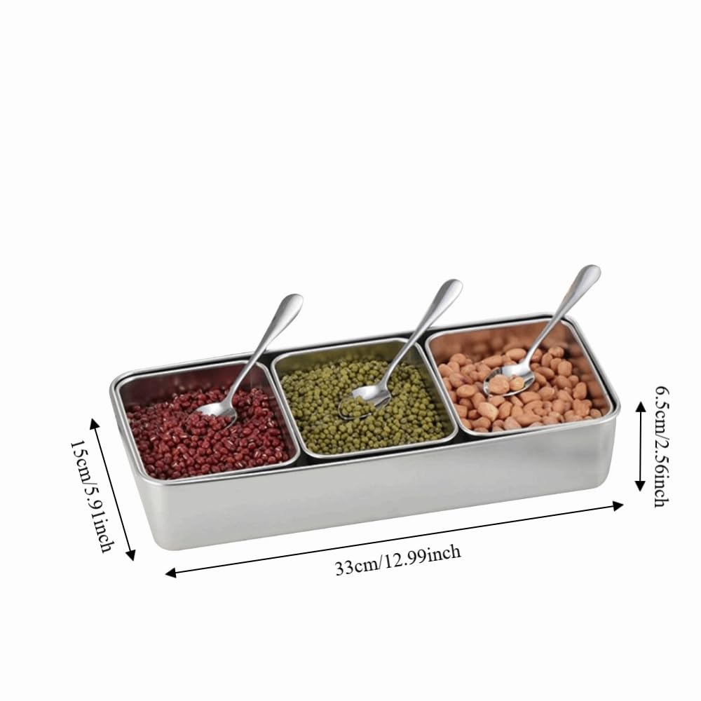 Anu Limen Stainless Steel Condiment Pots 3 Compartment – Spice Storage Box with Lid and 3Pcs Spoons for Salt, Sugar, Peppers 12.99x5.91x2.56 In