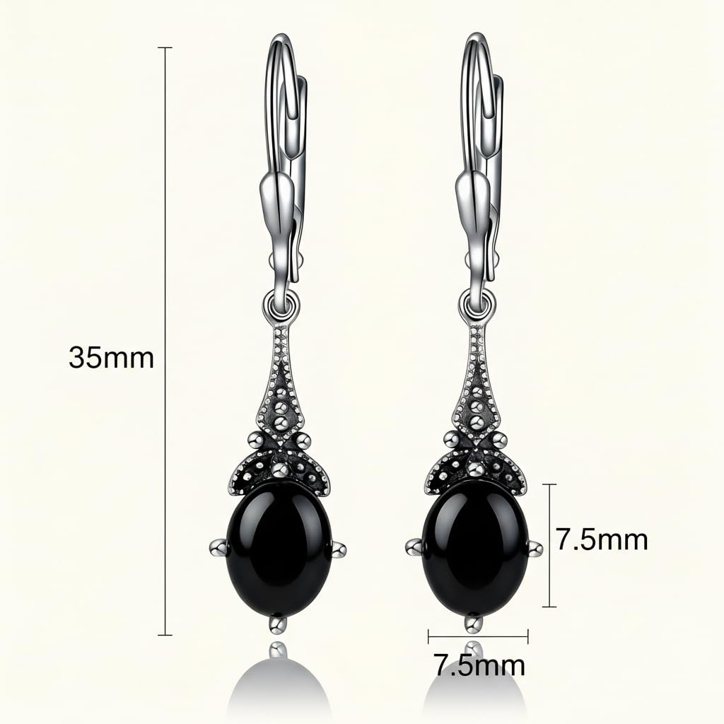 Natural Black Onyx Earrings 925 Sterling Silver Vintage Retro Leverback Dangle Drop Earrings Birthday Jewelry Gifts for Women