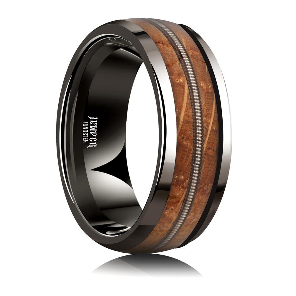 JEWPER 8mm Men Womens Wedding Band Tungsten Rings dark gun black Fashion Promise Carbide Inlaid Guitar Strings whiskey barrel wood Matte Finish Edge Comfort Fit Size(10)