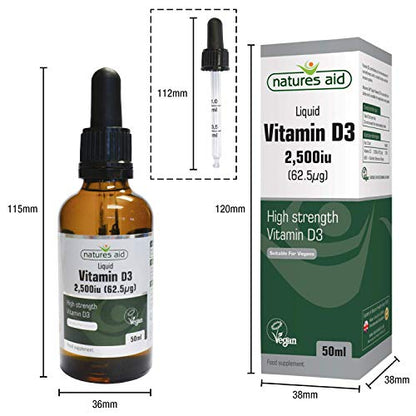 Natures Aid Vitamin D3 Liquid 2500iu 50ml – High Strength Cholecalciferol Vit D Drops – Bone & Immune Support – Vegan, Non-GMO, Gluten-Free – Natural Supplement Includes Dropper
