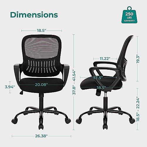 SMUG Home Office Computer Desk Chair, Ergonomic Mid-Back Mesh Rolling Work Swivel Task Chairs with Wheels, Comfortable Lumbar Support, Comfy Arms for Bedroom, Study, Dorm, Student