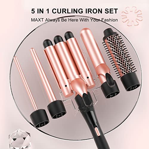 Maxt 5-in-1 Interchangeable Curling Iron Wand Set with 3 Barrels & Curling Thermal Brush | Ceramic Coated for Long-Lasting Curls, Waves Hair Curler (0.35-1.25 inch)