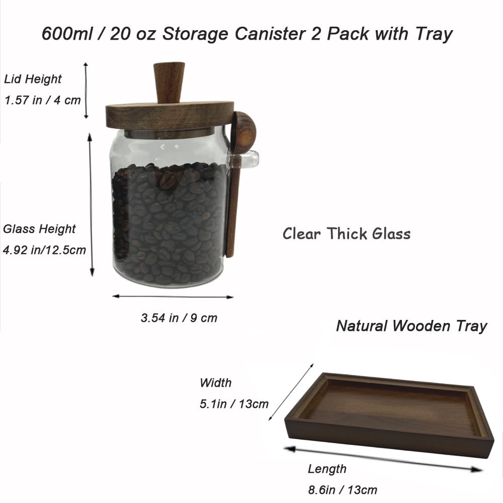 BEECO GIF2U Glass Jars with Brown Wooden Lids and Scoops 20oz 2Pack with Tray, Airtight Food Storage Containers with Tray for Sugar Coffee Bean Candy Spice