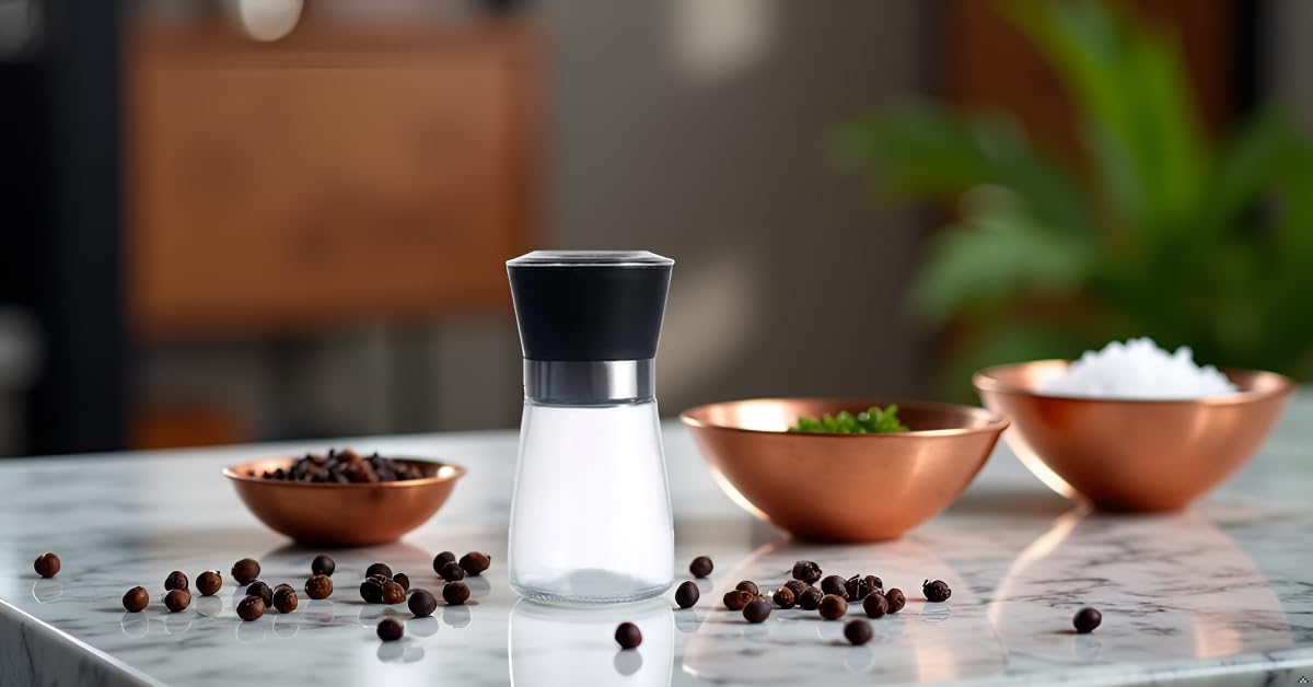 Premium Herb and Spice Grinder – Manual Glass Jar with lid with Adjustable Ceramic Burr, Portable Coffee Bean Grinder, Pepper Mill, Salt Grinder, Seed Grinder and Kitchen Spice Crusher