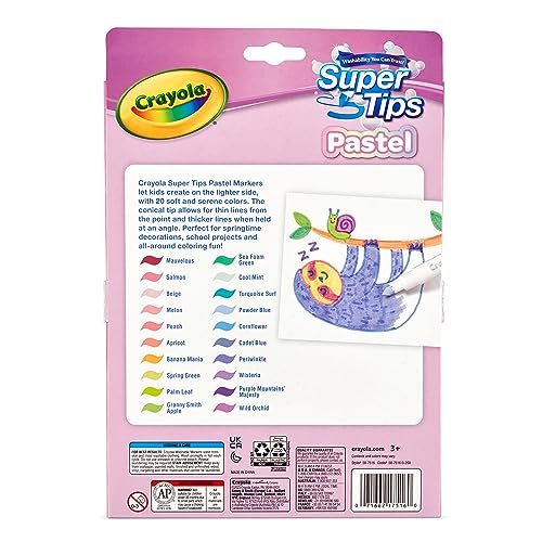 CRAYOLA Pastel SuperTips Washable Markers - Assorted Colours (Pack of 20) | Premium Felt Tip Pens That Can Easily Wash Off Skin and Clothing | For Ages 3+