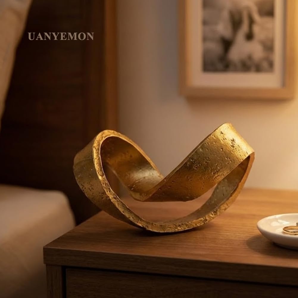 Modern Infinity Knot Sculpture - Gold Knot Home Decor, Multi-Angle Statue for Shelves, Coffee Table, Bookshelf, Living Room, Office, Resin Geometric Decorative Accent, Abstract Art Knick Knacks Gifts
