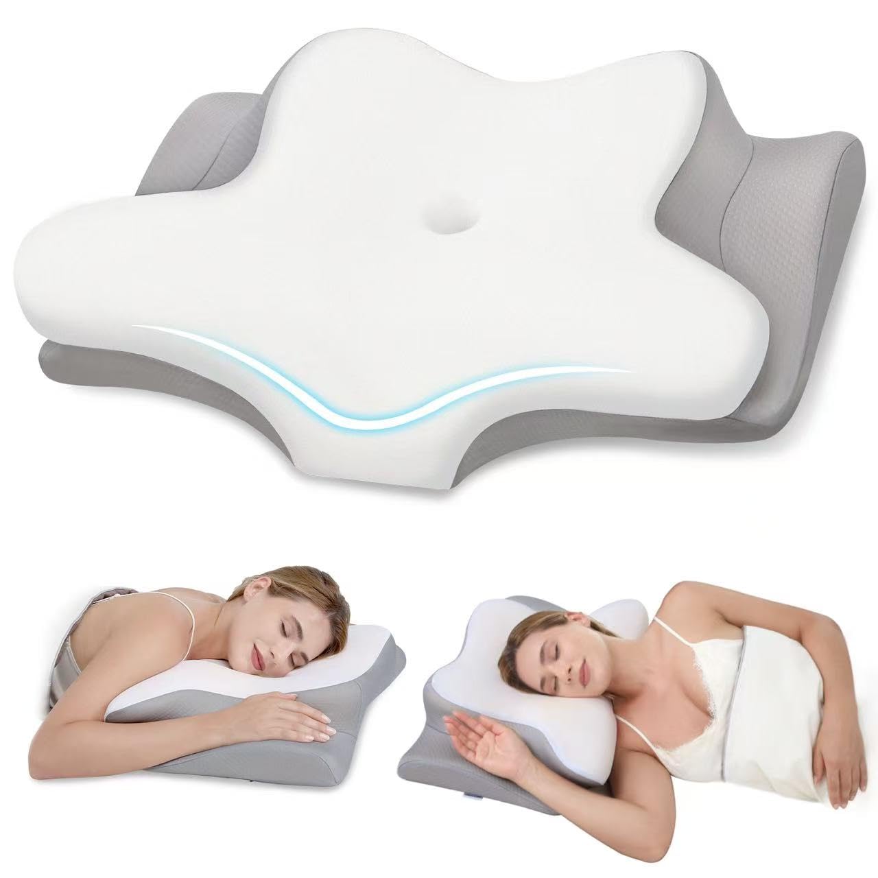 Cervical Neck Pillow, Memory Foam Pillows for Neck and Shoulder Pain Relief, 2 Heights Ergonomic Pillow with Breathable Ice Silk Cover, Neck Support Pillow for Side Back Stomach Sleepers, Odorless