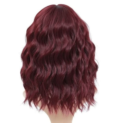Colorfulpanda Short Bob Wigs for Women Wine Red Wavy Curly Wig with Bangs Natural Synthetic Heat Resistant Hair Wig Cosplay or Daily Use 14 Inch