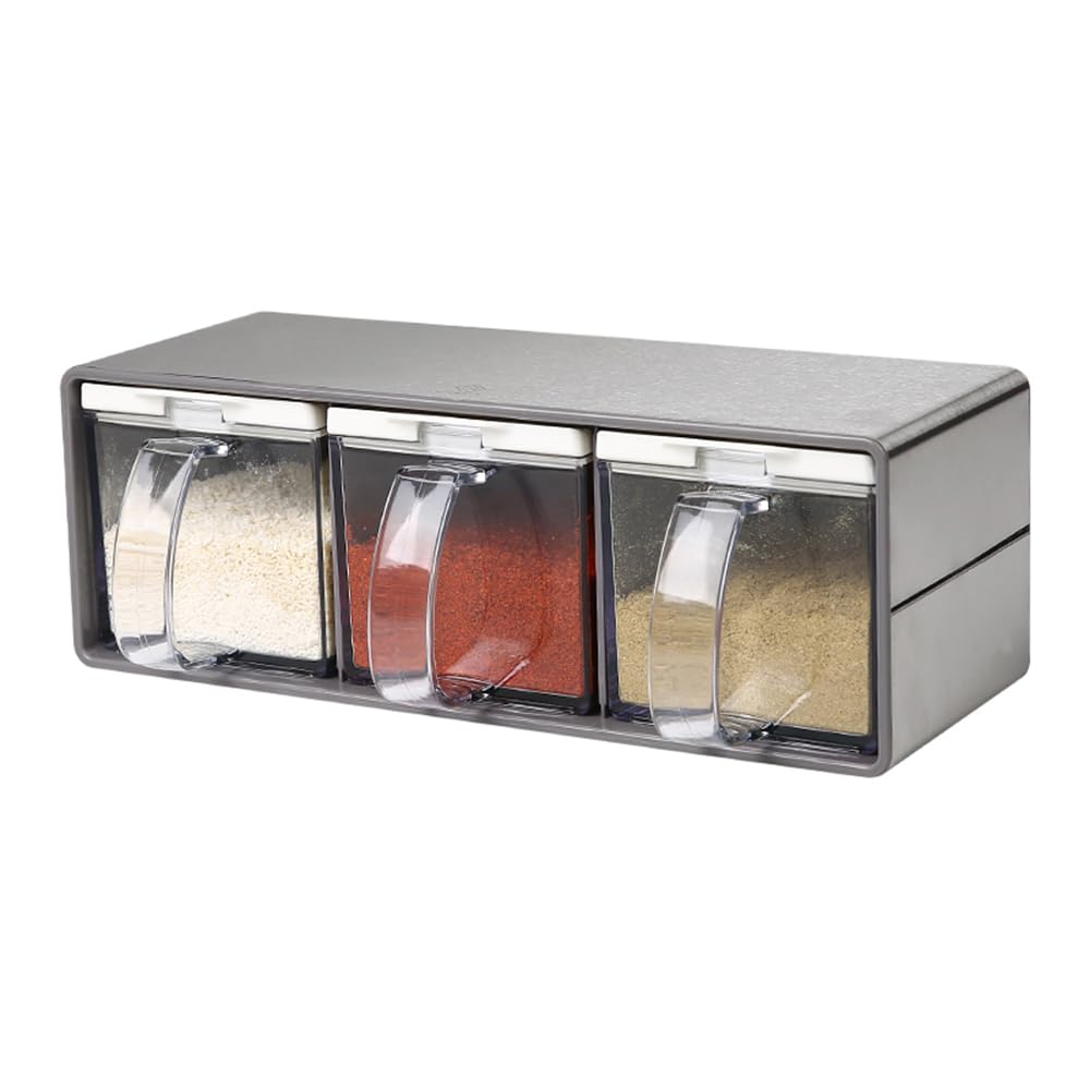 Salt Container With Lid And Spoon, Clear Seasoning Rack Spice Pots, 3 Piece Seasoning Box For Home Kitchen Café Storing Salt Sugar Pepper Spice (3 Pieces)
