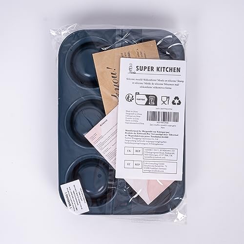 2 Pack Deep and Jumbo Muffin Tray 6 Cup Large Silicone Muffins Pan, Non-Stick Giant Cupcake Tin, Silicon Mould Bakeware, Baking Case for Yorkshire Pudding, Bun, Cupcakes, 27.8 x 19 x 5 cm (Grey)