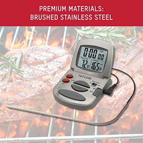 Taylor Programmable with Timer Instant Read Wired Probe Digital, Meat, Food, Grill BBQ Cooking Kitchen Thermometer, Stainless Steel