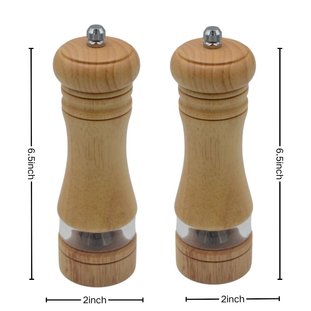 MASALACO Classic Salt and Pepper Grinder Set,Refillable Salt and Pepper Mills,Manual Oak Wood Salt Grinder,Pepper Grinder,Visible Adjustable Ceramic Grinding Rotor,2 Packs set 6.5 inch Each