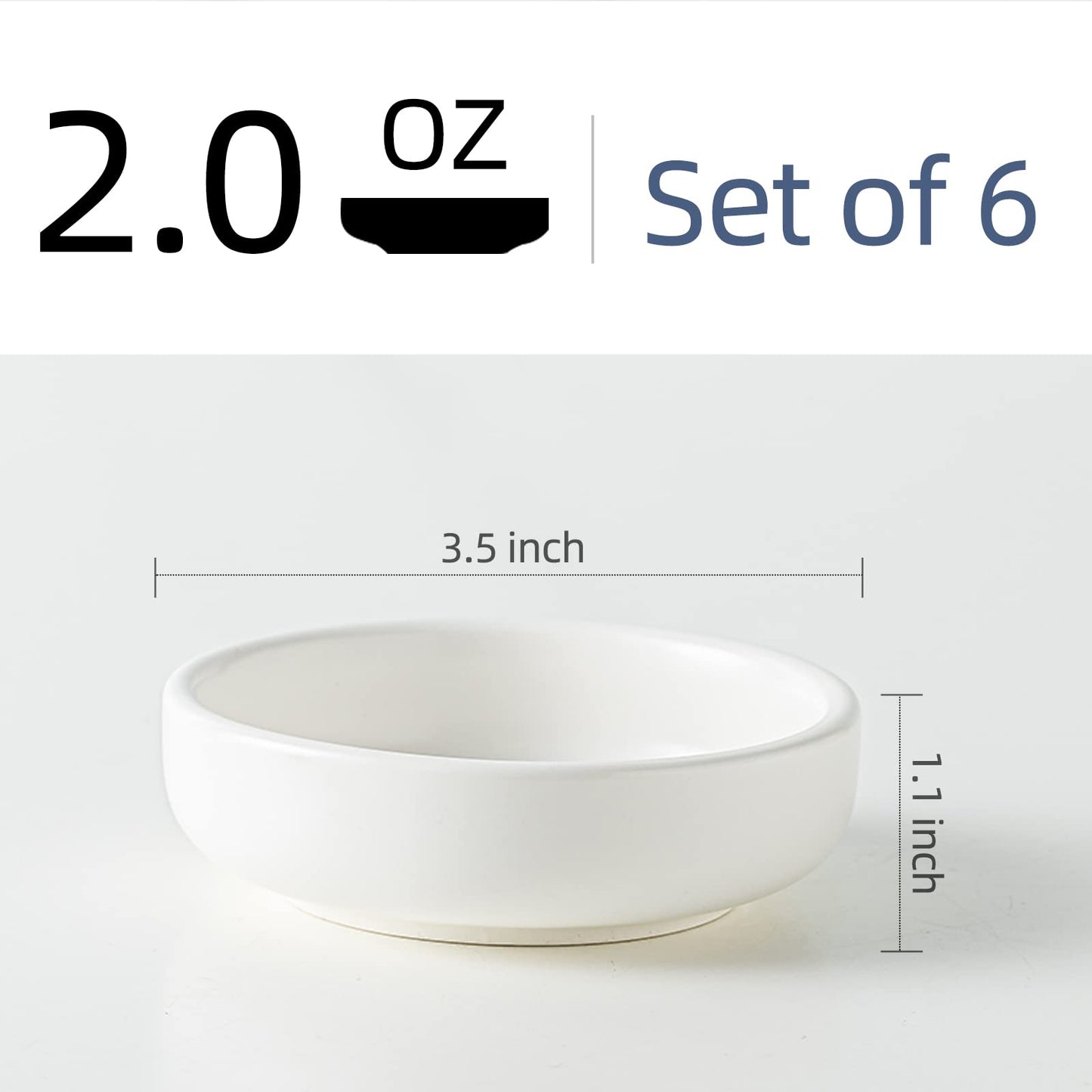 KAMAIDI Dipping Bowls Set, Ceramic Sauce Dishes, 2 oz Soy Sauce Dish, Side Bowls, Small Bowls for BBQ, Condiments, Appetizer, Dessert, Sushi, Set of 6 (White)