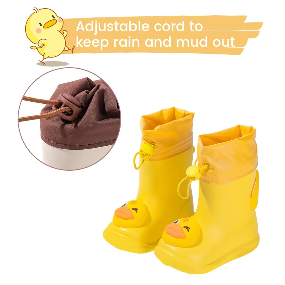 DRECAGE Boys Rain Boots with Pull On Drawstring Closure for Kids Waterproof Non-Slip Wellies Rubber Rain Shoes Outdoors Yellow Duck 5 UK Child 140 MM