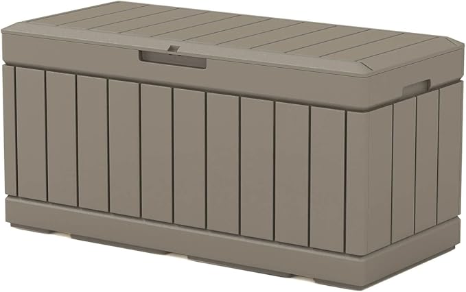 Patiowell 82 Gallon Resin Deck Box, Waterproof Large Wood Look Storage Box for Patio Furniture, Pool Accessories, Garden Tools and Sports Equipment, Lockable, Light Brown