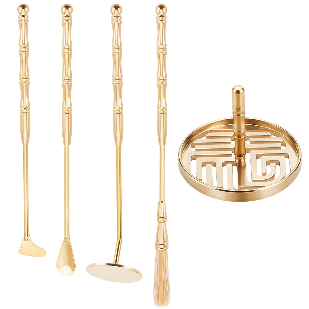 WEBEEDY 5Pcs Incense Making Kit Brass Incense Tool Kit Set- Incense Spoon Incense Press Shovel Brush for Incense Burner Kit Yoga Meditation, Fu Character