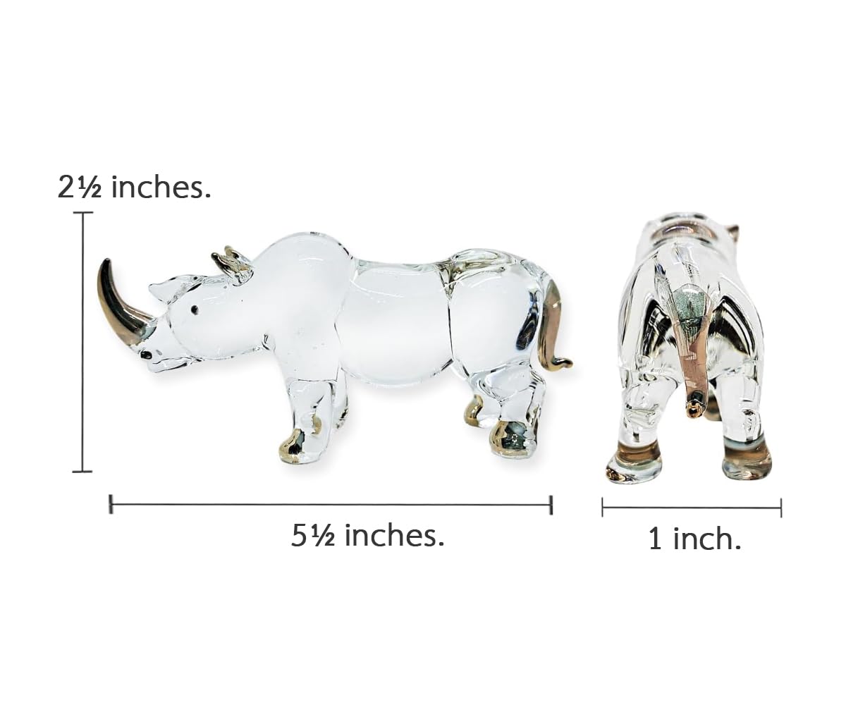 WitnyStore Tiny 5½" Clear Gold Stand Rhino Figurine - Miniature Hand Blown Painted Glass Rhinoceros Tropical Savanna Wildlife Animals Cute Crystal Decorative Figures Collectible Figurines Décor Gifts