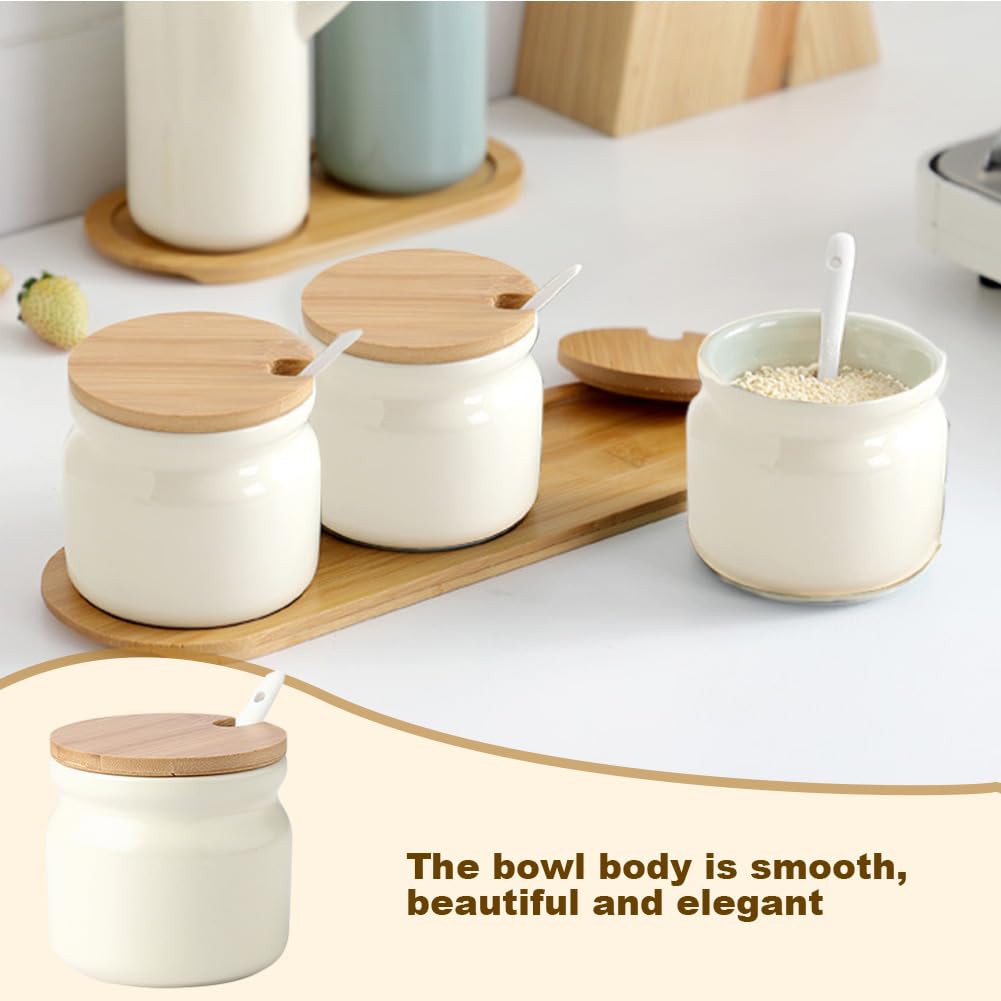 Frinovalt Ceramic Sugar Bowl, Porcelain Sugar Pot with lid and Spoon, 300ml/10.56oz Seasoning Storage Jar Salt Pot Salt Container for Coffee Bar, Home Kitchen(Beige)