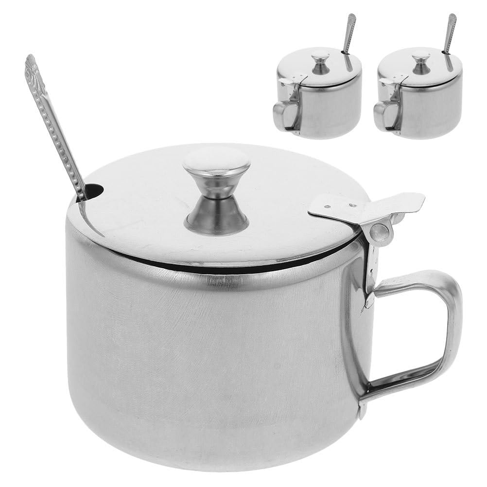 DEARMAMY Stainless Steel Sugar Bowls Set with Lid and Spoon 3-Piece Multipurpose Kitchen Countertop Containers for Sugar Salt Pepper Spices 3.93X3.14X2.67 Inch