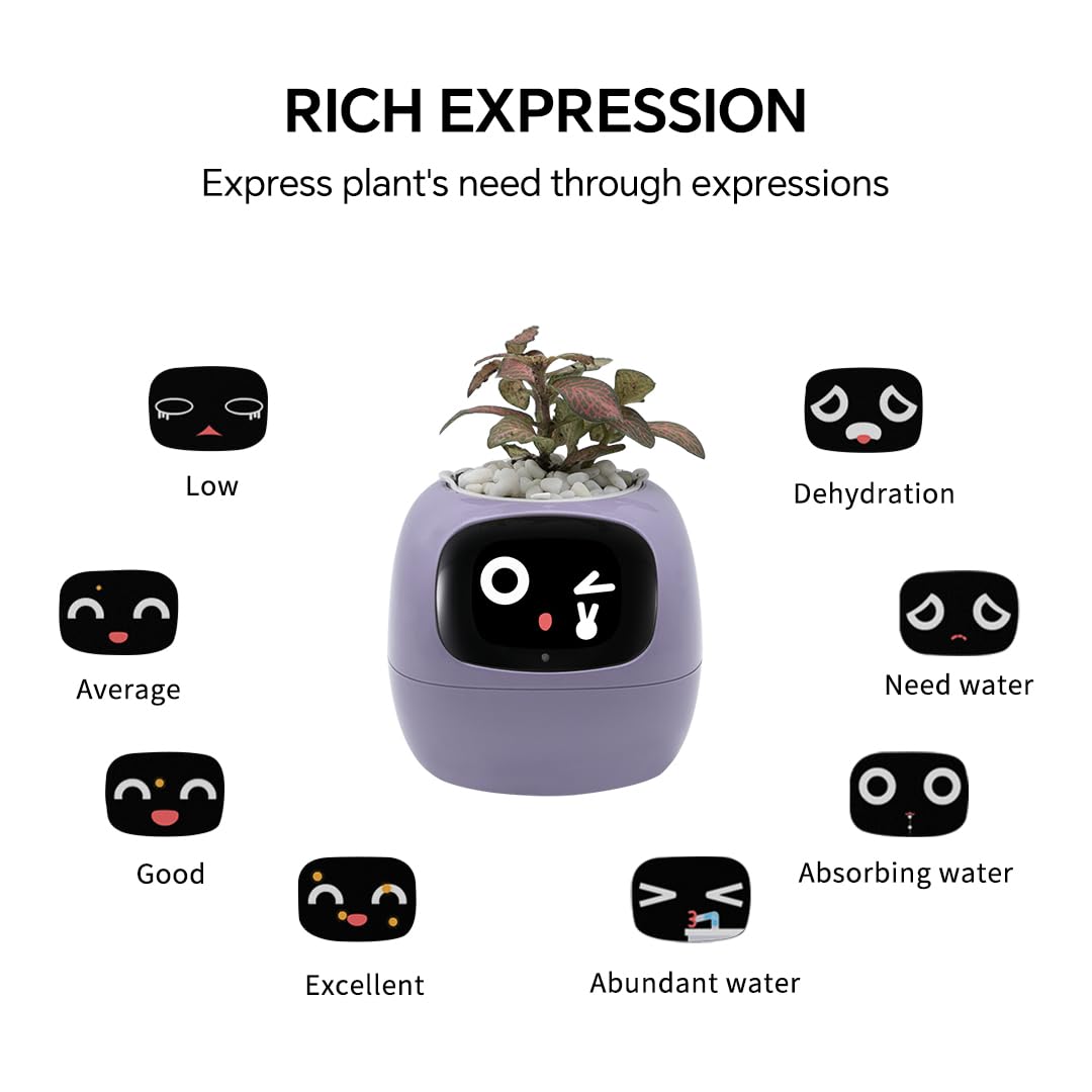 Odpaltoy Smart Plant Pot with Expression, AI Intelligent Flower Pot for Indoor Decoration, Smart Garden Pot with Water/Light/Temperature Sensors, Ivy AI Planter (Purple)