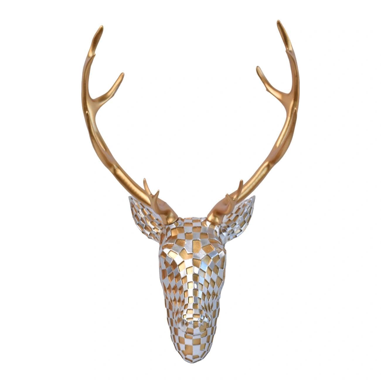 GIGICICI Mosaic Deer Head Wall Decor 15.7x8.7 Inch, Artistic Faux Resin Animal Head Wall Sculpture Hanging for Living Room Bedroom Kitchen Office, Gold-Silver Gift