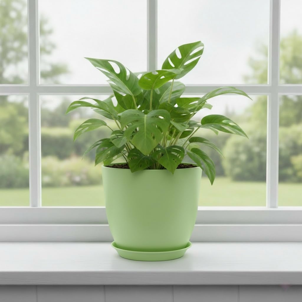 Vanslogreen Plant Pots 8 Inch Set of 6, Flower Pots with Drainage Holes and Saucer, Plastic Garden Planters for Indoor & Outdoor Plants (Green)