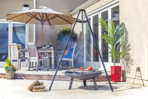 La Hacienda Tripod with BBQ Cooking Grill - Adjustable Height - Portable - Camping, Black