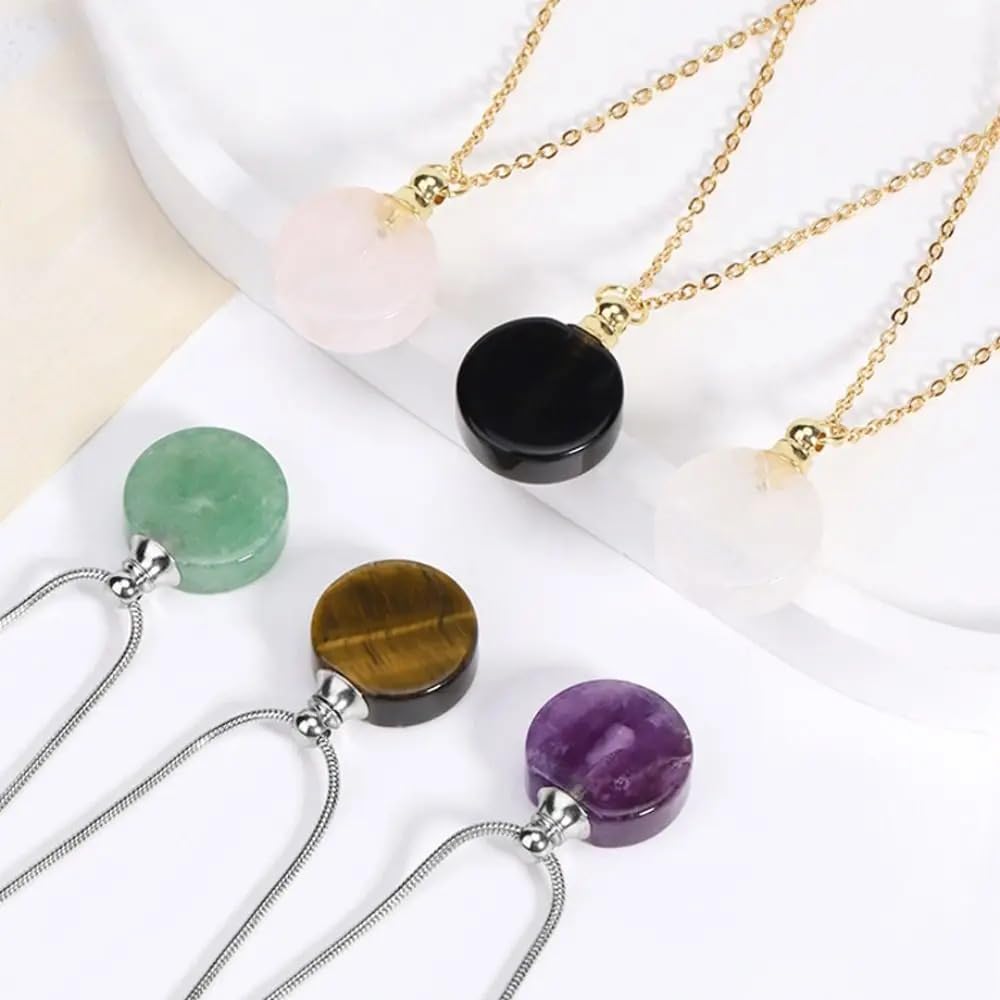 925 Sterling Silver Essential Oil Necklace For Women And Men, 14K Gold Filled Natural Stone Round Perfume Bottle Necklace, Essentials Oil Diffuser Vial Necklace (3 - Essential Oil Necklace)
